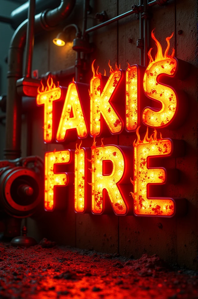 Create me a sign that says Takis fire and it's like a factory and the letters on the sign are in a phosphorescent sign type and with a fry
