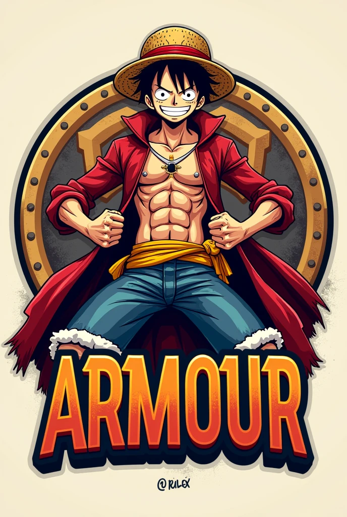Create a logo of monkey d luffy from one piece gear 5 and background make a circle and write ARMOUR