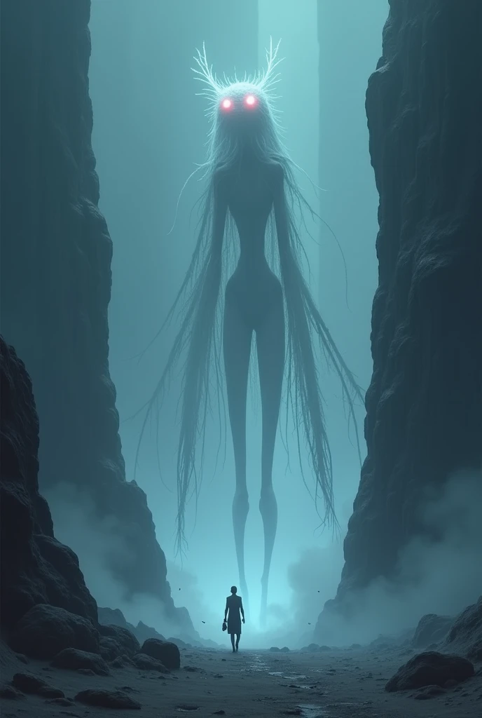 The image is anime style cowboy bebop and Darker than black with shadows and dim lights, anime style although somewhat adult and dark, It shows a desolate white landscape, where piles of rocks rise, high, thin and pointed, grey in colour, It looks like giant stalactites. Among them, walking creatures similar to stick insects, very thin and fine, phosphorescent and resplendent white in color, but colossal, over 100 meters high, and they shine, They have two red eyes, They can hardly be fully appreciated because of the fog