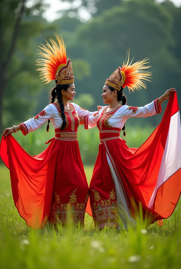 Photoshot of 2 beautiful women in Dayak tribal clothing of red and white color wearing mah kota bird cendra wasih dancing in a green meadow and playing with a long cloth and a red and white flag.