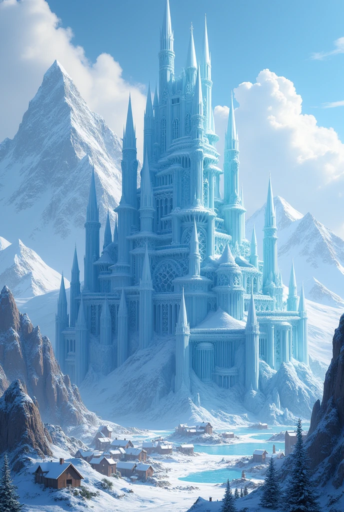 Make me a gigantic, imposing ice castle with an ice fortress in winter next to a big village