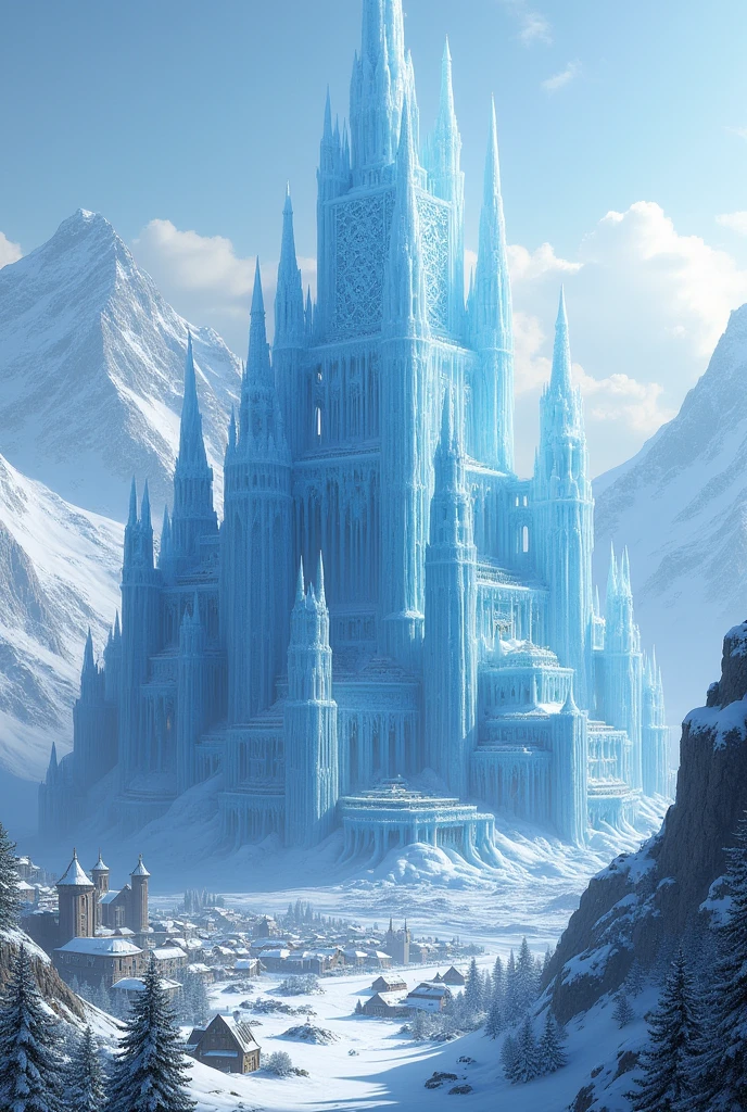 Make me a gigantic, imposing ice castle with an ice fortress in winter next to a big village