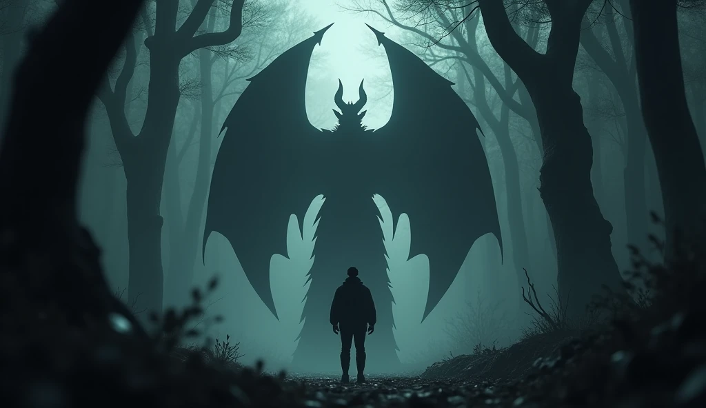 3D animated style image of a devil with horns and large wings spread, talking to a man in a thick and dark forest. Both are seen from afar, their silhouettes are barely distinguishable in the gloom. The environment is dark and gloomy