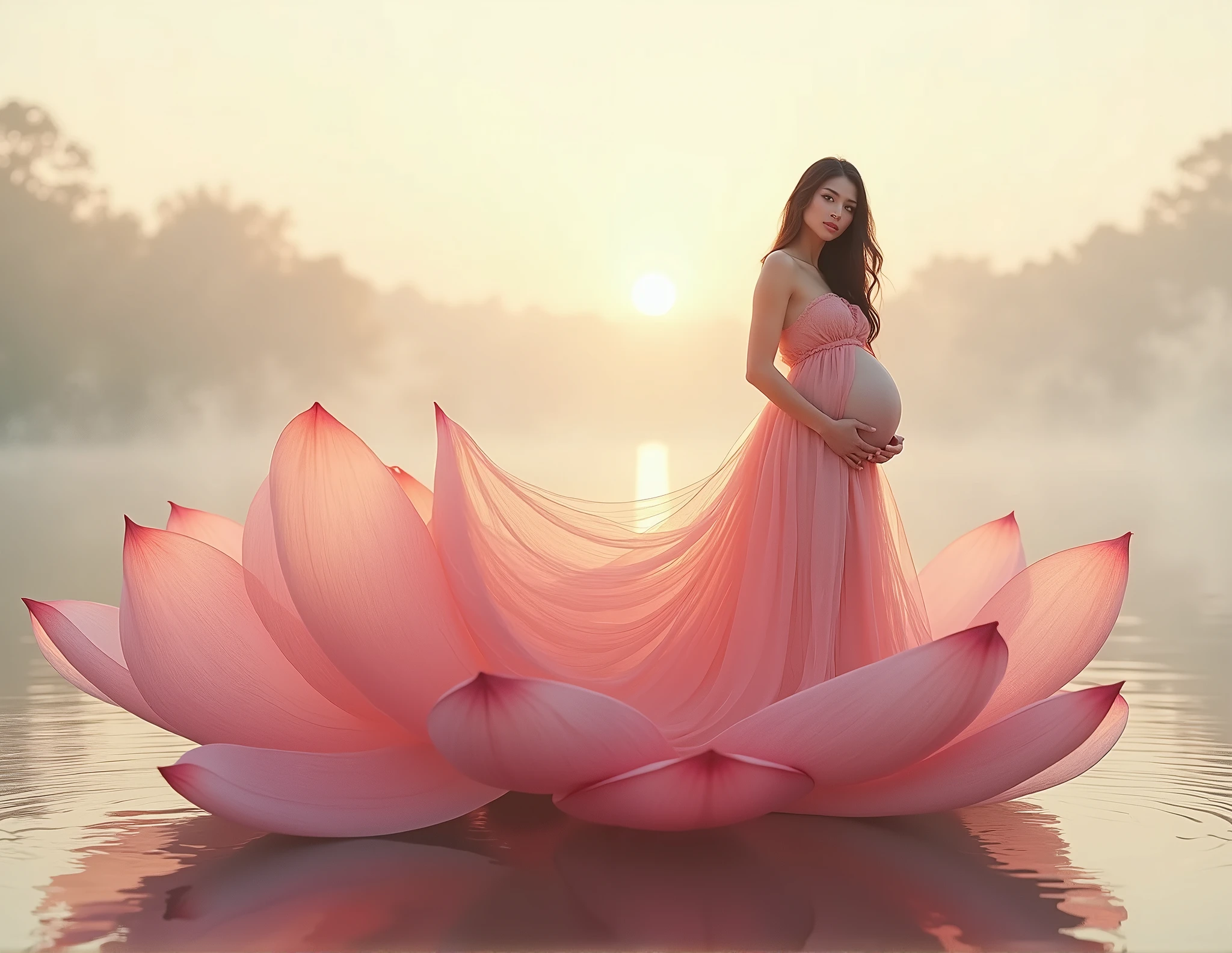full length, black hair pregnant , woman watching in camera , full body font pose , both hand on belly ,red dress , Beautiful face, dress made of red rose petals, Light pink and light white tones, Esbian Full Body, beautiful backgrouond , daylight, Efeito de Luz, Minimalistic, Solar, pure tenderness, soft lighting, Realism. beautiful woman stand on a super giant lotus with double and long petals (petals made of thin, soft transparent,streaming, fabrics, full background of flowing petals, floating flower, super flying petals, Smoke effect, Fog, some water reflaciton mixed with petals), lotus dress, ((ss-through)) full length.
