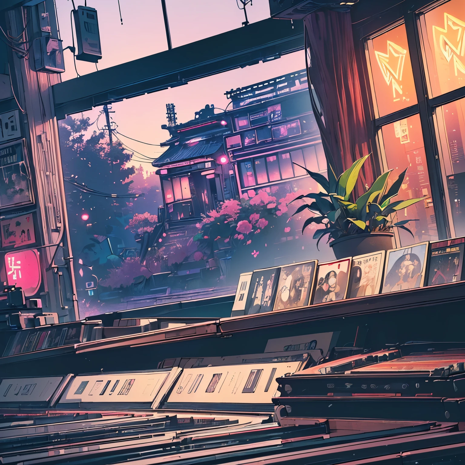 (((masterpiece, Highest quality))), (((32K Wallpapers))), Ultra-high resolution, masterpiece, unity 8k wallpaper, Depth of written boundary, Super detailed, (((unmanned))), (((Record Store))), Japanese taste, Panorama, Long Shot, (((Records on the shelf.))), (((Different angles))),(((plant))), (((cyber punk))), (((neon))),(((Front view))),(((night))), (((Straight))), (((Large windows)))