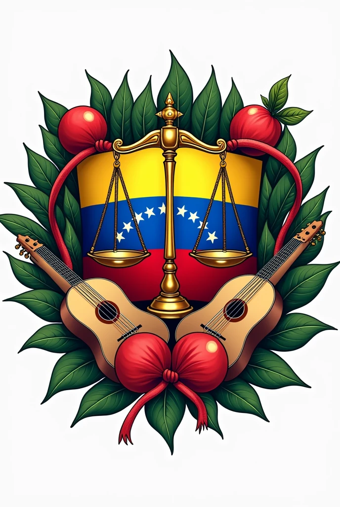 A logo of the Folklorist Lawyers of Venezuela with the flag of Venezuela on both sides, arpa, Four and maracas from Venezuela and the scale of lawyers