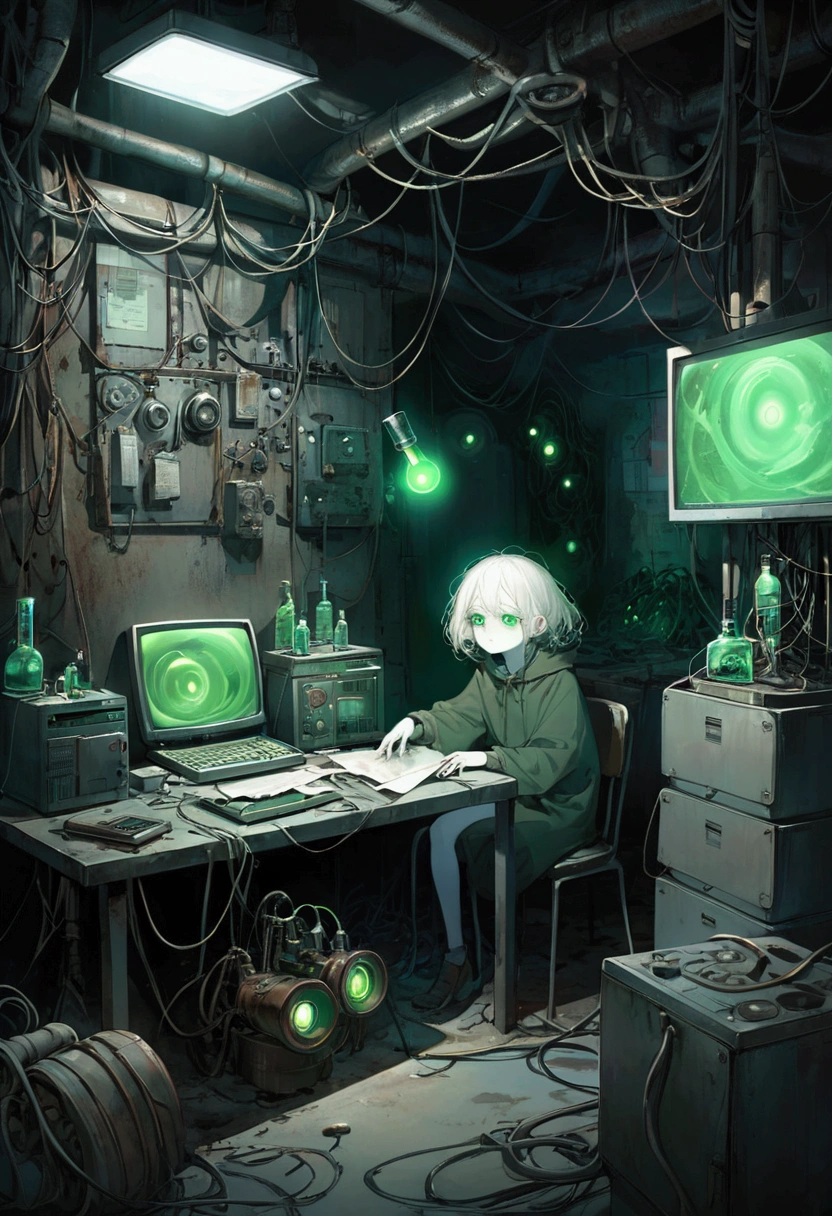 A dark and disturbing scene in an underground environment. At the center, a humanoid figure with pale skin and rough texture, with multiple eyes on different parts of the face, that glow a sickly shade of green. The figure is surrounded by old, rusty equipment, like computers made of tangled tubes and cables. The environment is lit by a cold, irregular light, that projects distorted shadows on the walls. No fundo, there are strange and disorganized objects, such as vials of unknown substances and torn documents, adding a touch of chaos and mystery. The general atmosphere is oppressive and surreal, evoking a feeling of discomfort and uneasiness."