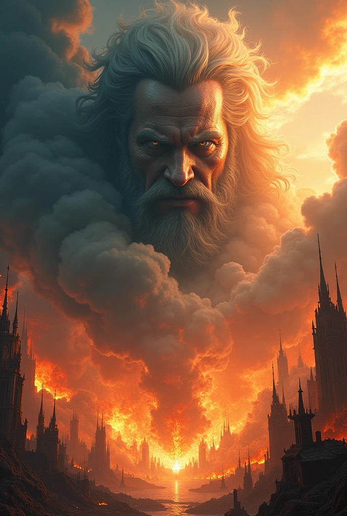 The kingdom of Asgard in flames, natta, lightning, thor's face in the clouds