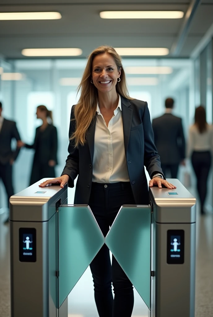 create two realistic images: the first of a woman, entrepreneur, smiling behind the digital turnstile that will be closed. The second image, With the same woman, after having passed through the turnstile which will be open.