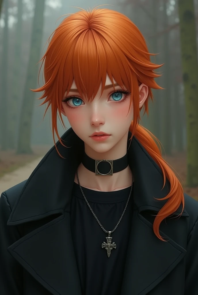 REAL LIFE, Ginger young man, orange hair, low ponytail, bangs in the hair, straight hair, blue eyes, fox eyes, male, hes using a hat, real life, realistic, MAN, retrô, human, live action, Black coat, hes using a choker/colar, Full body, HE IS A MAN, MALE,