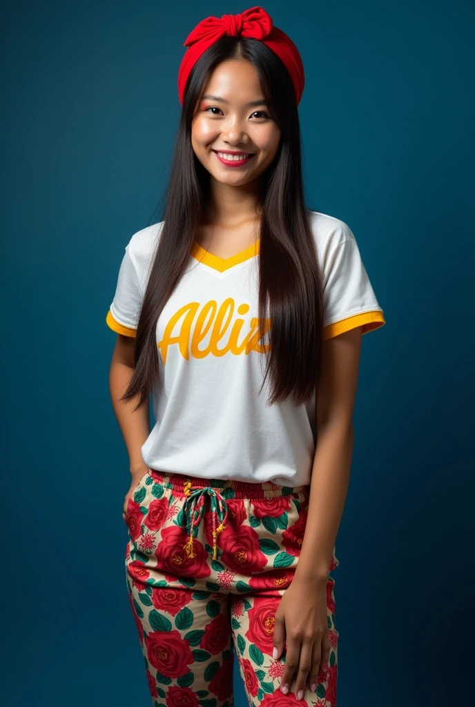 Create a 4 full body beautiful Thai's woman's smiles brightly, has a long straight shiny hairstyle with red headband, wears a rose's designs and say's " alliz " white t-shirts yellow stripes colorful pants rose's designs and black beautiful shoes, standing on the dark blue, photography.