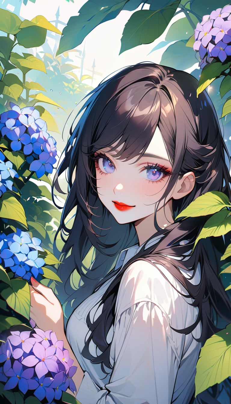 1woman, solo, black hair, middle part, long hair, gray eyes, detailed eyes, eyelashes, red lips, smile,  25years old,  hydrangea