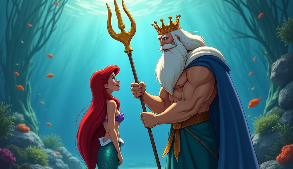 King Triton holding his trident while talking to his mermaid daughter Ariel