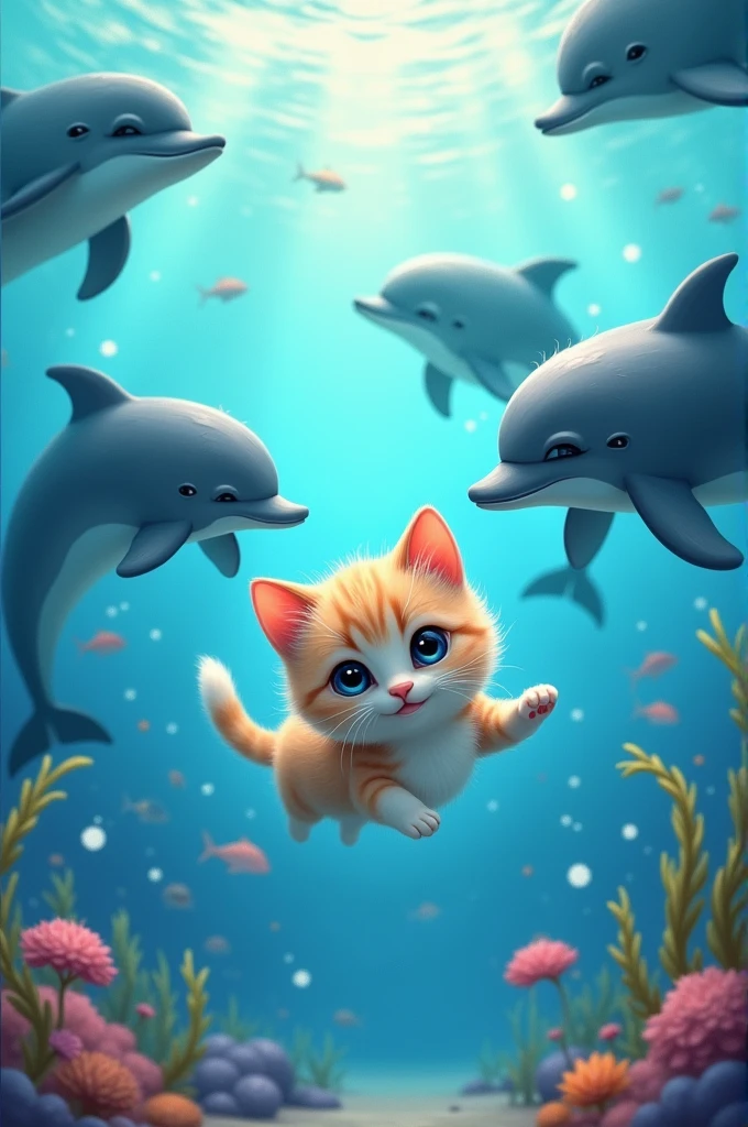 Kitten with dolphins swimming uwu