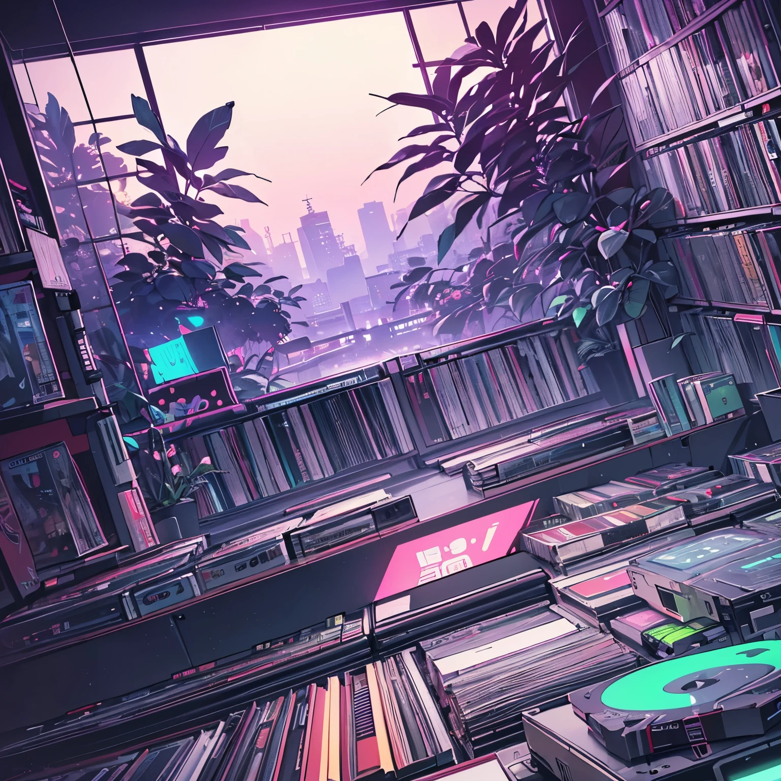 Superior quality, masterpiece, unity 8k wallpaper, Depth of written boundary, Super detailed, (((unmanned))), (((Record Store))), Japanese taste, Panorama, Long Shot, (((Records on the shelf.))), (((Different angles))),(((plant))), (((cyber punk))), (((neon))),(((Front view))),(((night))), (((Straight))), (((Large windows)))