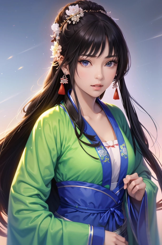 Chinese gardens、Han Dynasty Landscape、Three Kingdoms、(Highest quality,4K,8k,High resolution,masterpiece:1.2)、Very detailed, High resolution,、Hyper HD、Studio Lighting、Ultra-fine painting、 Sharp focus、 Physically Based Rendering、 Very detailed説明、 Professional、 Vibrant colors、Traditional Chinese Painting Techniques、 Atmospheric lighting、 Vivid color contrast、 Ethereal atmosphere、Very detailed目と顔、 Beautiful attention to detail、 Light on the face、Hanfuを着た少女、(Hanfu: 1.1)、、Eyes are green、Slim figure、Small breasts、(((1 girl)))
