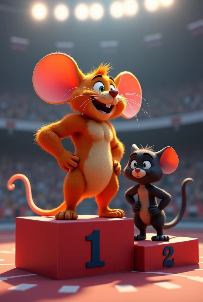 A large muscular orange mouse, very high, muscular abs and green eyes in first place on the podium, in second place is a black cat with strong muscles, disney pixar style 3d.