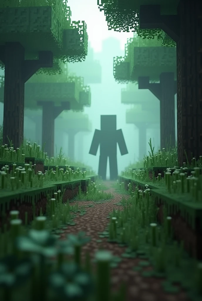 it's minecraft, but I want the minecraft forest with a mysterious monster in the background, the blurred image too