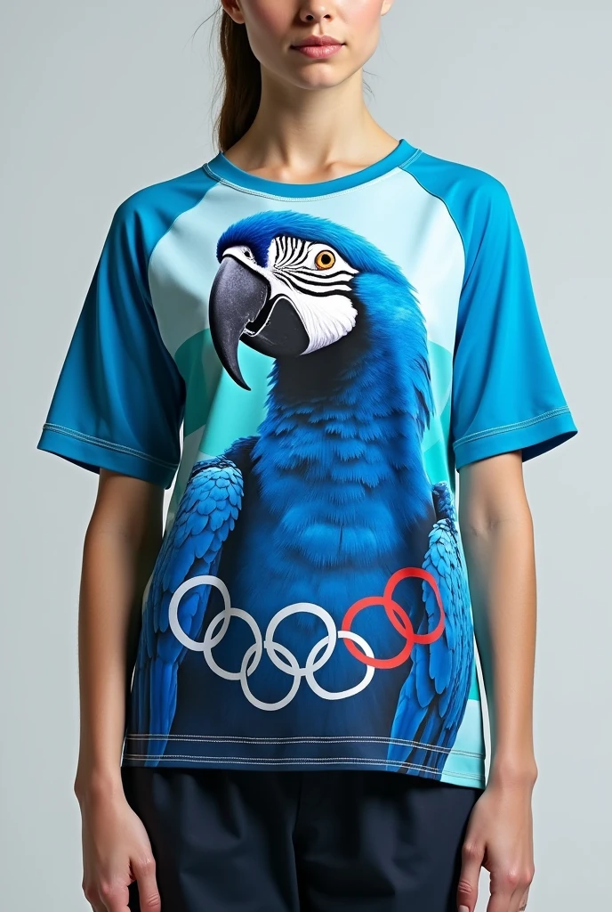 Create a half-sleeved interclass blouse front and back featuring a blue macaw ,the Olympic rings and silver details