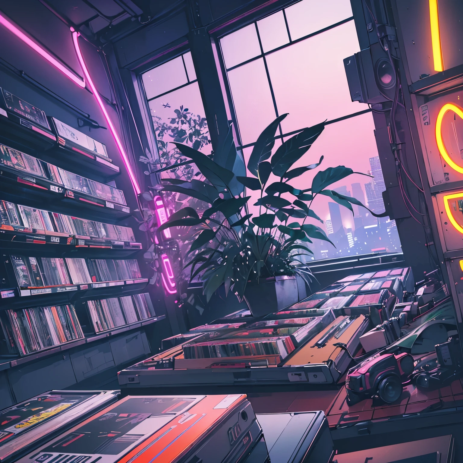 Superior quality, masterpiece, unity 8k wallpaper, Depth of written boundary, Super detailed, (((unmanned))), (((Record Store))), Japanese taste, Panorama, Long Shot, (((Records on the shelf.))), (((Different angles))),(((plant))), (((cyber punk))), (((neon))),(((Front view))),(((night))), (((Straight))), (((Large windows)))