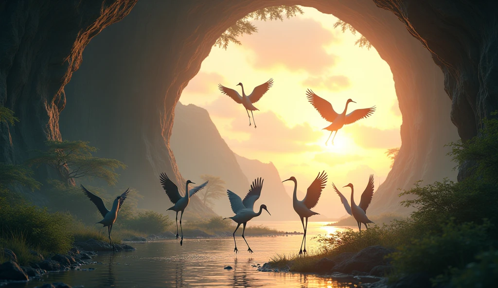 In 3D animation.Describe the feeling of relief when the cranes emerge from the gufa after the storm.