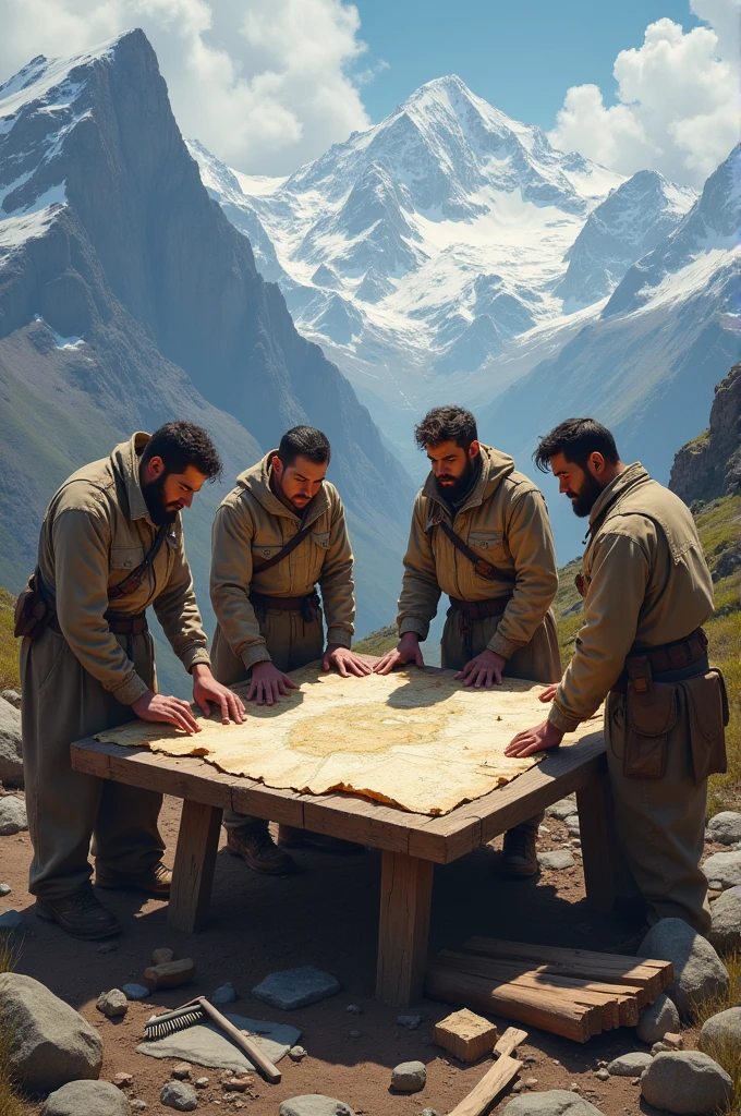 "The four researchers examining an ancient map at an outdoor work table, surrounded by excavation equipment and old wooden pieces. The scene is in a mountainous environment."