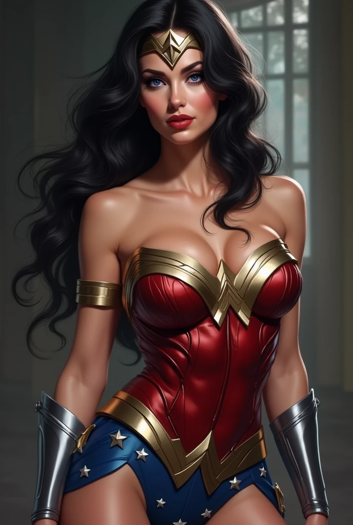 Sexy Wonder Woman with a really big tit and big hips and mesmerizing eyes with purple swirls inside which are black stripes in the eyes