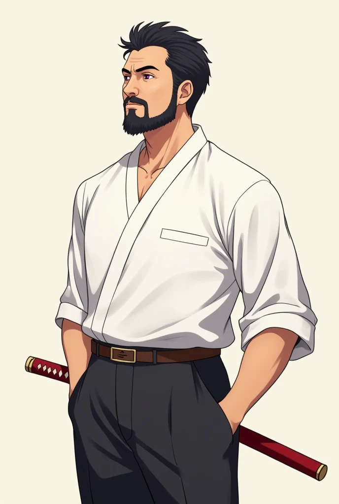 Japanese anime style, a middle-aged Japanese man with a strong stature, having a short beard and glasses, purple eyes and black hair having a gentle expression and serene look, has clothes black pants and white dress shirt, carries a red katana at his waist