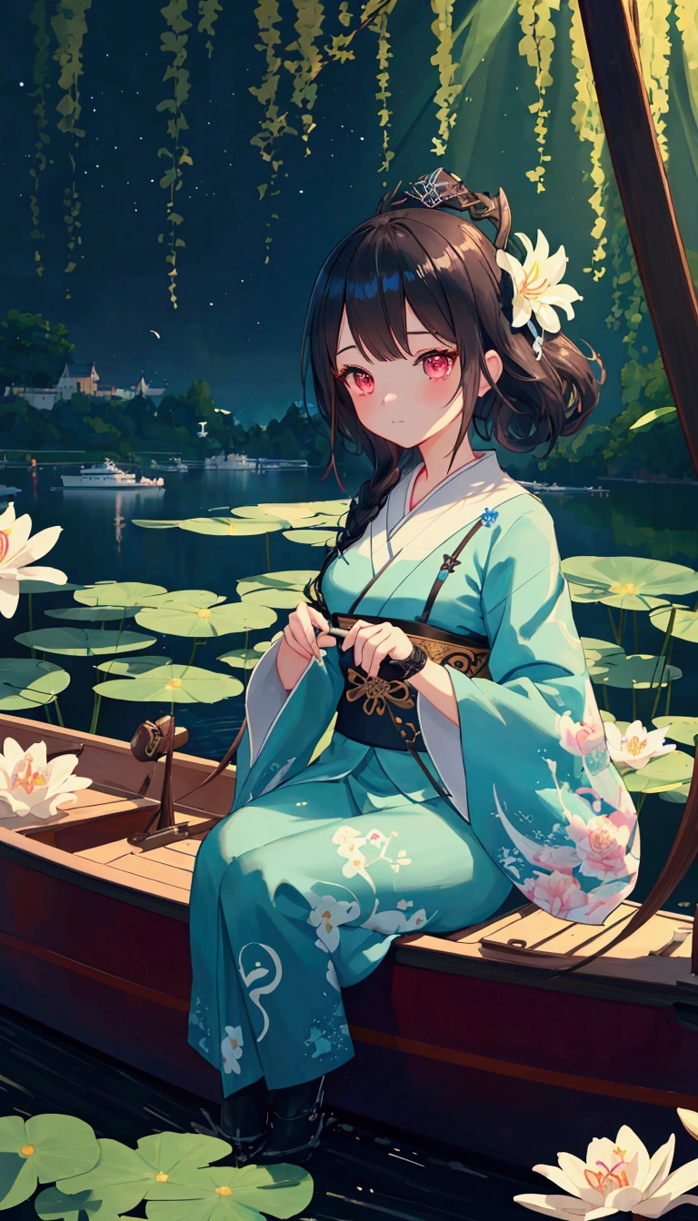 Disney princess sitting on a boat in a lake full of lilies, guweiz style artwork, Cute numbers, Lovely and detailed digital art, Beautiful character painting, Artgerm 和 Atey Ghailan, Loish et WLOP, The Art of WLOP, Cute numbers艺术, Digital Anime Illustration, Beautiful digital artwork, Stylized anime