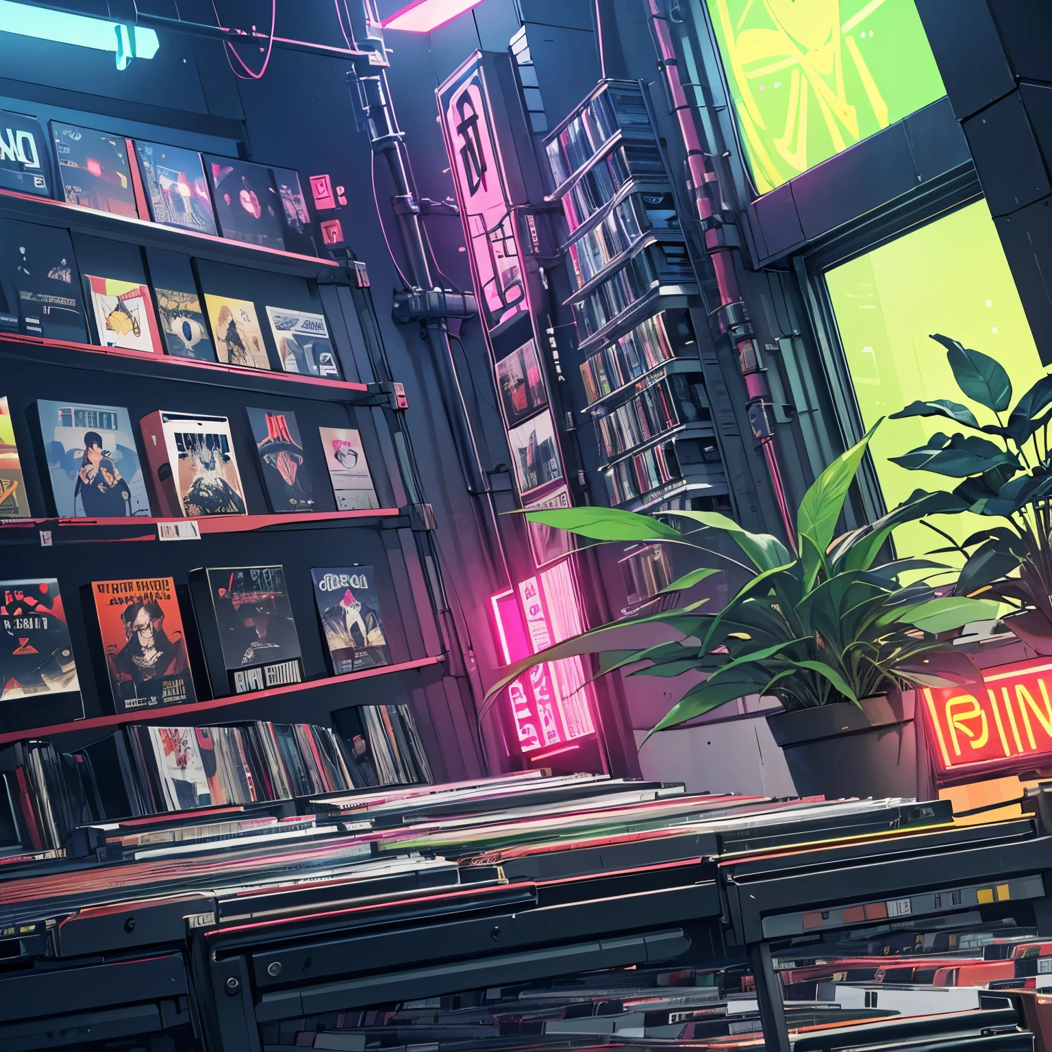 Superior quality, masterpiece, unity 8k wallpaper, Depth of written boundary, Super detailed, (((unmanned))), (((Record Store))), Japanese taste, Panorama, Long Shot, (((Records on the shelf.))), (((Different angles))),(((plant))), (((cyber punk))), (((neon))),(((Front view))),(((night))), (((Straight))), (((Large windows)))