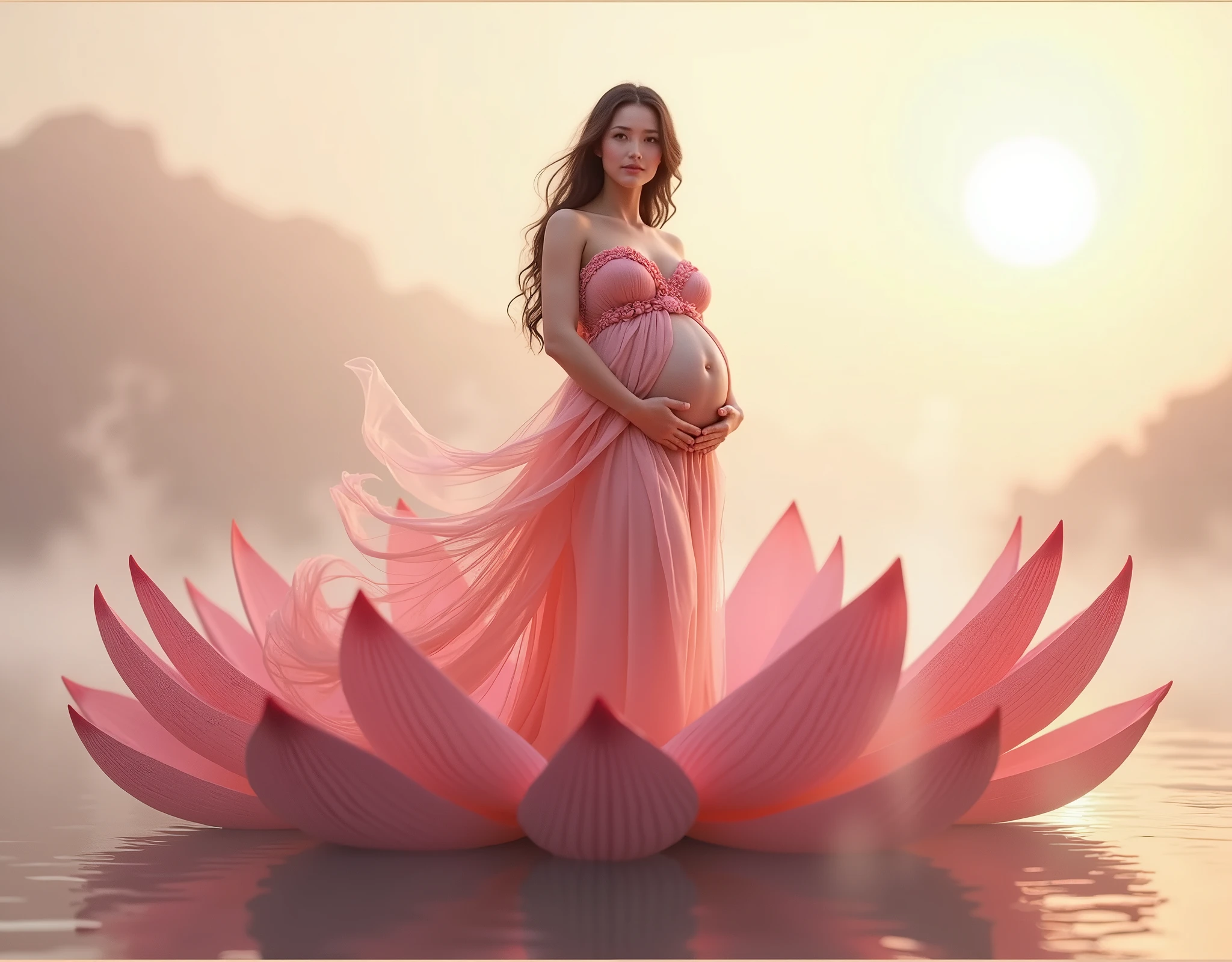 full length, black hair pregnant , woman watching in camera , full body font pose , both hand on belly ,red dress , Beautiful face, dress made of red rose petals, Light pink and light white tones, Esbian Full Body, beautiful backgrouond , daylight, Efeito de Luz, Minimalistic, Solar, pure tenderness, soft lighting, Realism. beautiful woman stand on a super giant lotus with double and long petals (petals made of thin, soft transparent,streaming, fabrics, full background of flowing petals, floating flower, super flying petals, Smoke effect, Fog, some water reflaciton mixed with petals), lotus dress, ((ss-through)) full length.