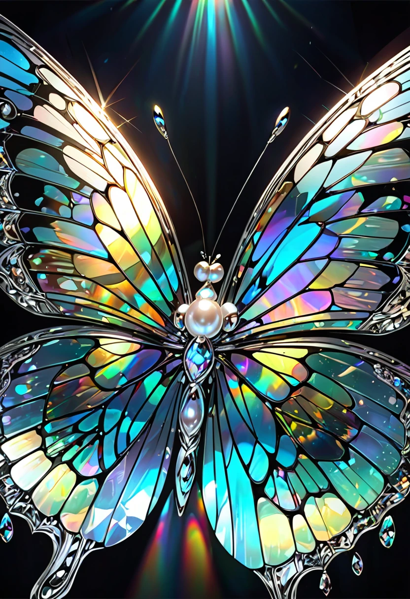 stained glass style butterfly, a work of art carved from pearl platinum crystal, (ultra detailed, absolutely resolution, best quality:1.3), 2.5D, delicate and dynamic effects, iridescent lighting effects, artistic photography, hyper realistic