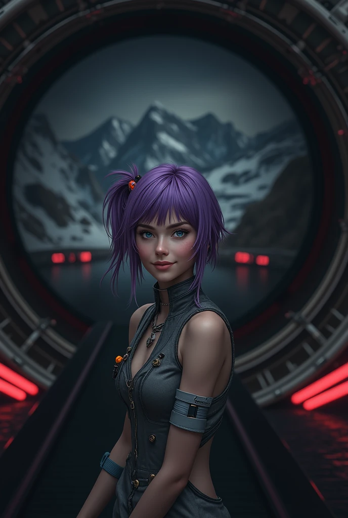 (photo_(medium):1.2), by Antonio J. Manzanedo, by Jeremy Lipking, 1girl, looking at the camera, (facing the viewer:1.1), (photorealistic:1.2), hyperrealistic, photorealism, close-up, head and shoulders, purple hair with rainbow streaks, short hair, ponytail, bangs, blue eyes, friendly, eyelashes, steampunk, sleeveless, subsurface skin scattering, snowy mountain background, symmetry, depth of field, 8k, vfx, hdr, rtx