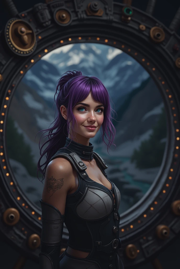 (photo_(medium):1.2), by Antonio J. Manzanedo, by Jeremy Lipking, 1girl, looking at the camera, (facing the viewer:1.1), (photorealistic:1.2), hyperrealistic, photorealism, close-up, head and shoulders, purple hair with rainbow streaks, short hair, ponytail, bangs, blue eyes, friendly, eyelashes, steampunk, sleeveless, subsurface skin scattering, snowy mountain background, symmetry, depth of field, 8k, vfx, hdr, rtx