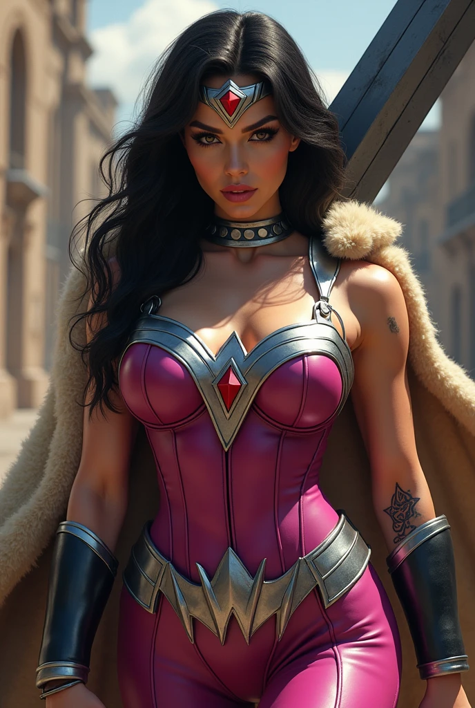 (((In extreme close-up a beautiful woman with a thick build and muscles in her arms and legs))),(((Wearing a fuchsia leather jumpsuit))),(((Giant silver Wonder Woman emblem on her bust))),(((Large long metal bracelets in black))),(((Black metal boots))),(((Wide and thick silver-colored metal diaema on her forehead))),(((With a large red star-shaped jewel))),(((Giant Broad-Brimmed Sword))),(((Tattoos on one of his arms))),(((Beige sheepskin cape))),(((Sheepskin on his shoulders)))