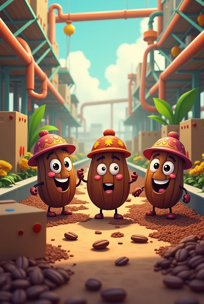 Make a cartoon image of cocoa being packaged for sale