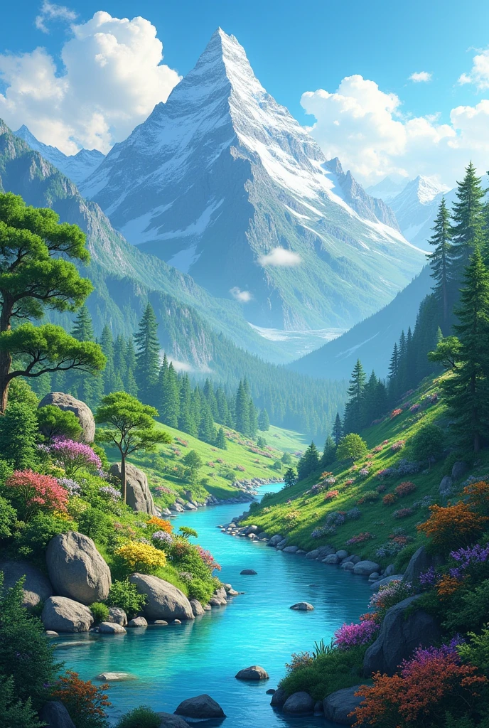 Create a landscape with a river and many mountains and Bioversity 