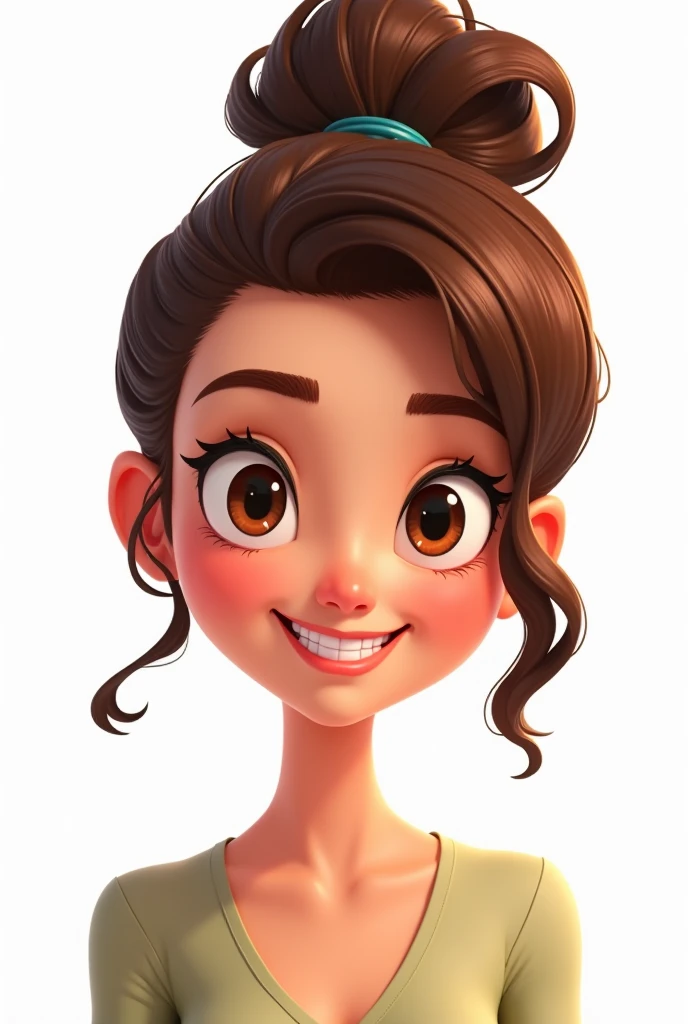 animated front woman with brown hair and a wide forehead length hair with a ponytail without bangs with a white background passport photo style