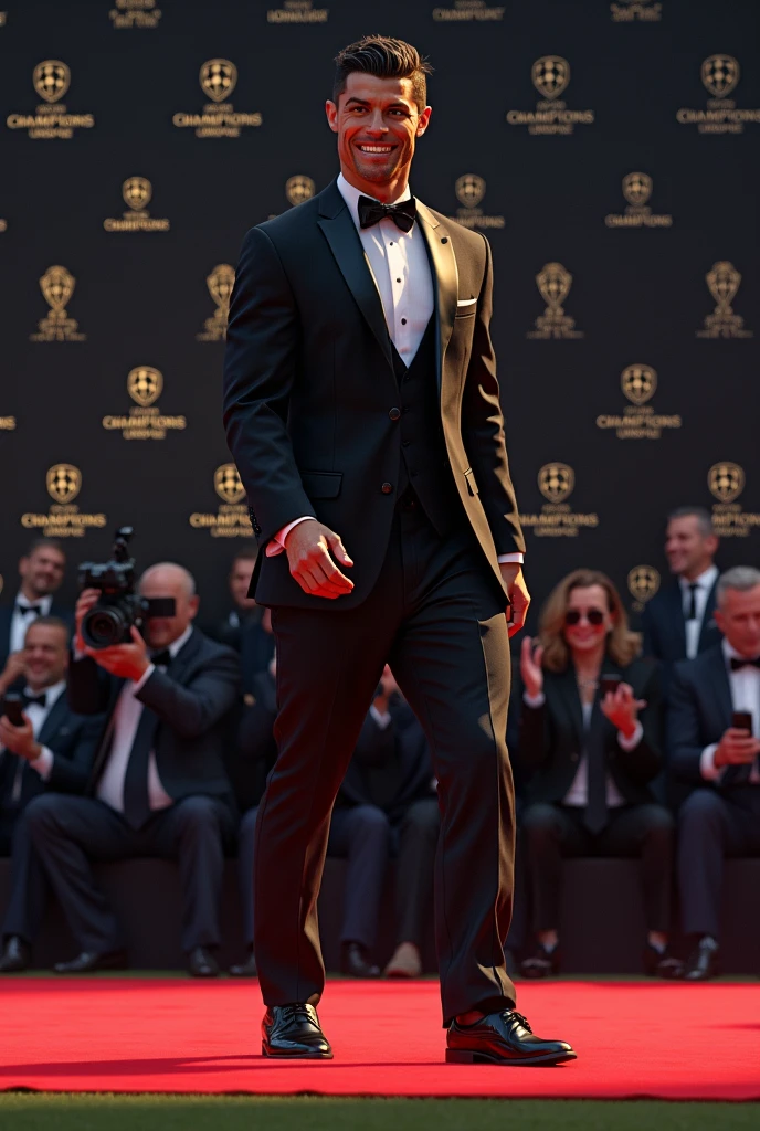 Cristiano Ronaldo;avec des vêtements de luxe; fait son entrée en France,à un événement pour le tirages de la ligue des champions,sur un tapis rouge,en sourient (imagine realistic ;hd)