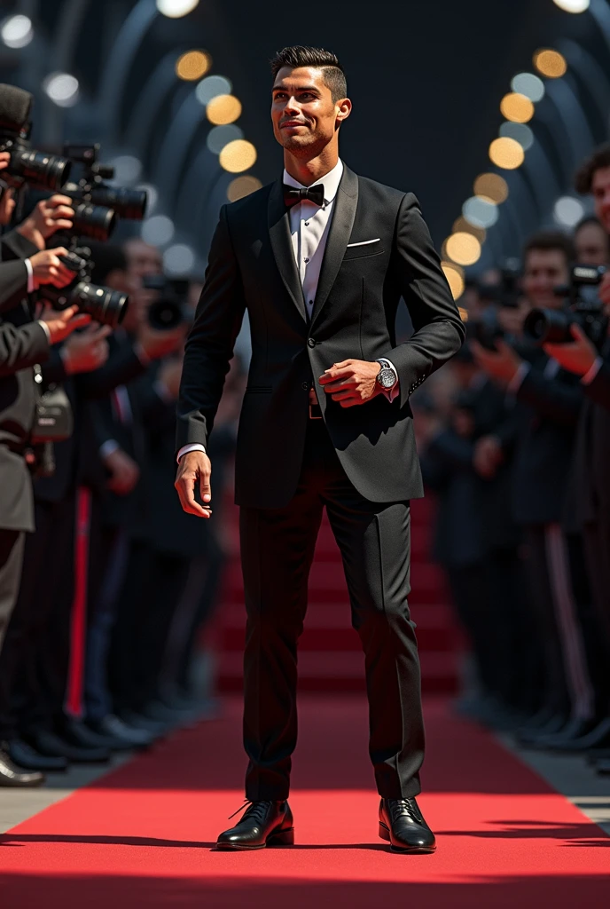 Cristiano Ronaldo;avec des vêtements de luxe; fait son entrée en France,à un événement pour le tirages de la ligue des champions,sur un tapis rouge,en sourient (imagine realistic ;hd)