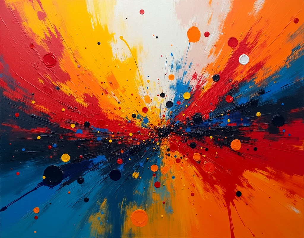 A vibrant abstract expressionist artwork featuring dynamic, bold strokes and splashes of bright colors like red, blue, orange, and yellow. The painting should have a sense of movement and energy, with the colors blending and interacting in a chaotic yet harmonious manner. The composition should evoke the style of action painting, where the physical act of applying paint is evident, creating an explosion of color and form that suggests spontaneity and emotion.