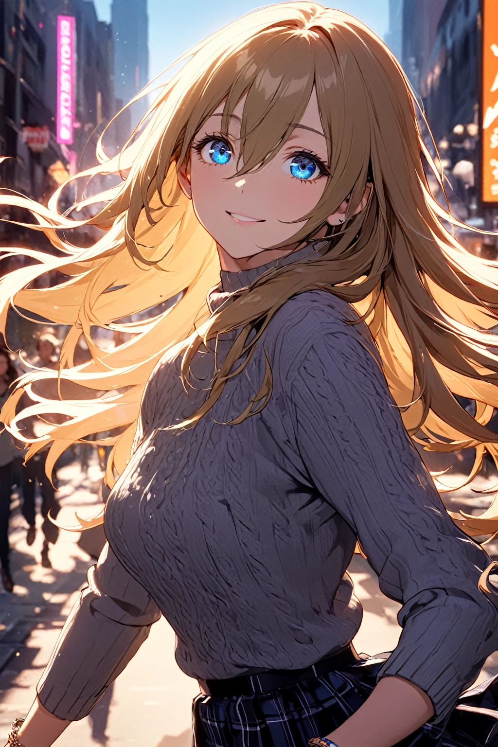long hair, (blue eyes:1.3), gold hair, hair between eyes, smile, bracelet, sweater, plaid, plaid skirt, (light black sweater:1.2),
BREAK downtown,neon light,
BREAK looking at viewer, (cowboy shot:1.5),
BREAK (masterpiece:1.2), best quality, high resolution, unity 8k wallpaper, (illustration:0.8), (beautiful detailed eyes:1.6), extremely detailed face, perfect lighting, extremely detailed CG, (perfect hands, perfect anatomy),half look back ,running