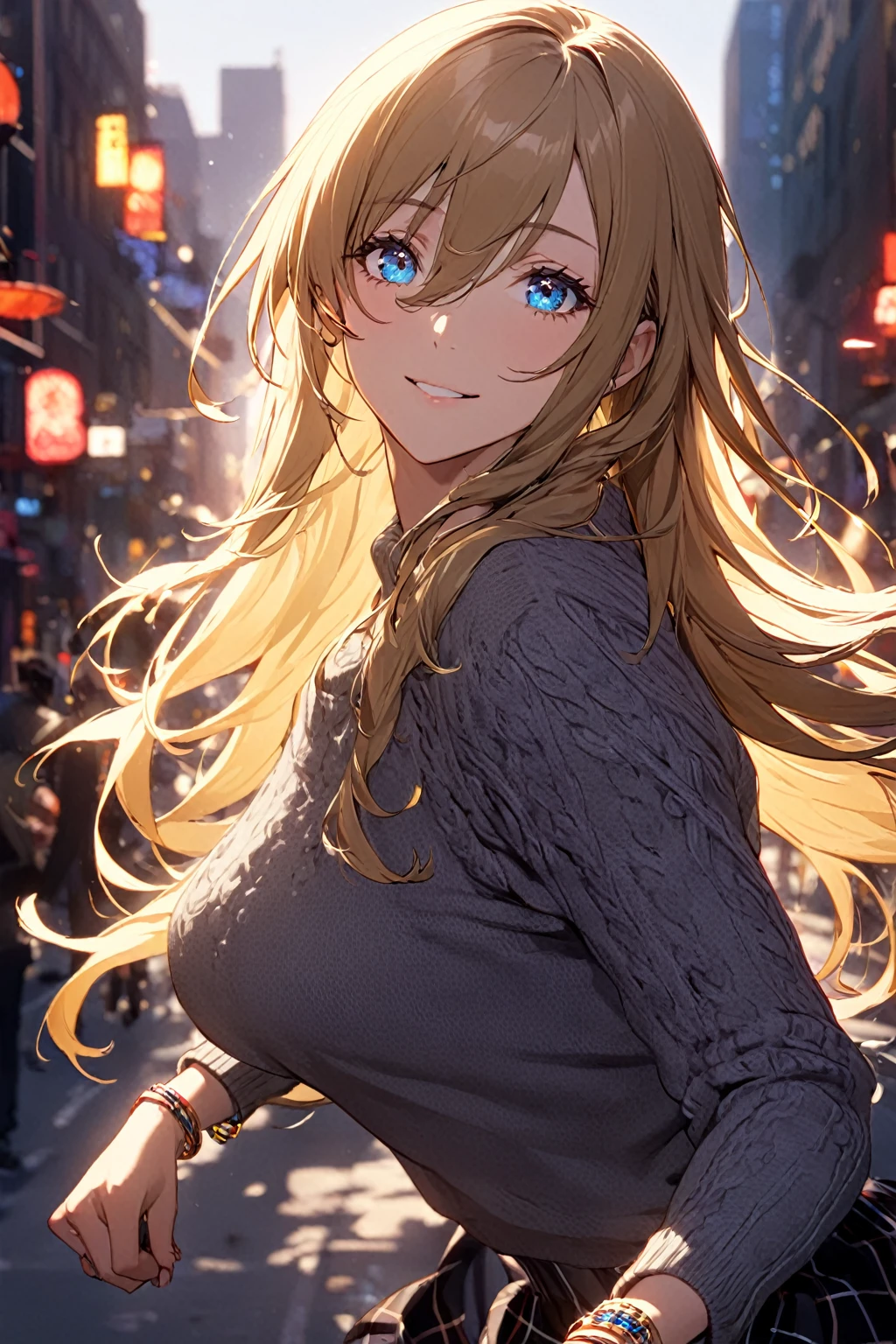  long hair, (blue eyes:1.3), gold hair, hair between eyes, smile, bracelet, sweater, plaid, plaid skirt, (light black sweater:1.2),
BREAK  downtown,neon light,
BREAK looking at viewer, (cowboy shot:1.5),
BREAK (masterpiece:1.2), best quality, high resolution, unity 8k wallpaper, (illustration:0.8), (beautiful detailed eyes:1.6), extremely detailed face, perfect lighting, extremely detailed CG, (perfect hands, perfect anatomy),half look back ,running