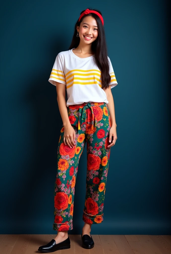 Create a 4 full body beautiful Thai's woman's smiles brightly, has a long straight shiny hairstyle with red headband, wears a rose's designs and say's  " ahya " white t-shirts yellow stripes colorful pants rose's designs and black beautiful shoes, standing on the dark blue, photography.
