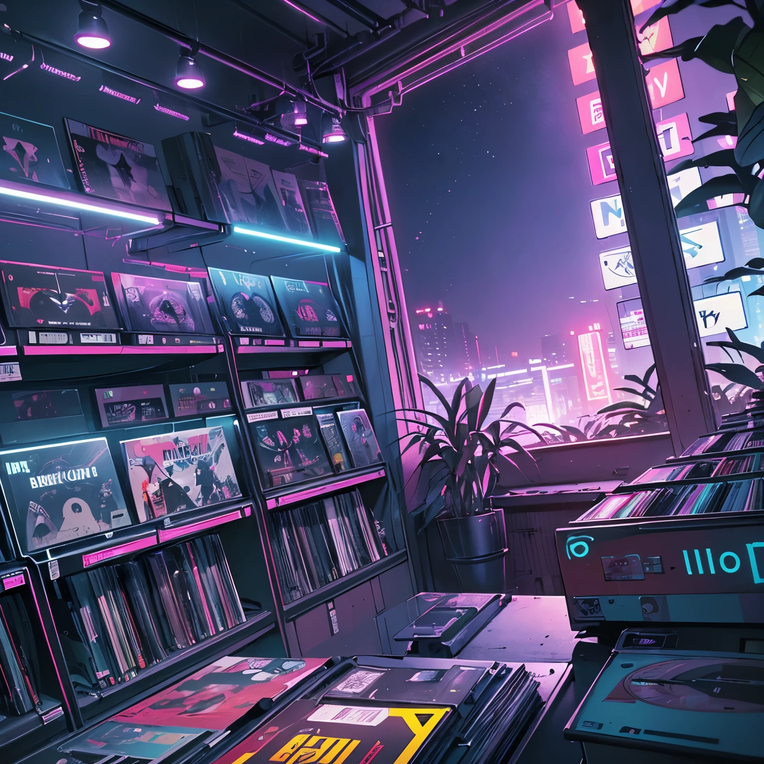 Superior quality, masterpiece, unity 8k wallpaper, Depth of written boundary, Super detailed, (((unmanned))), (((Record Store))), Nostalgia, Panorama, Long Shot, (((Records on the shelf.))),  (((Different angles))),(((plant))), (((cyber punk))),  (((neon))),(((Front view))),(((night))), (((Straight))),  (((Large windows)))