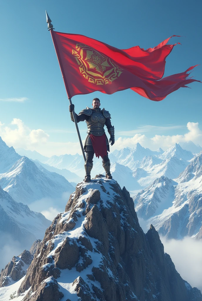 rior holding a flag on tje top of the mountain.