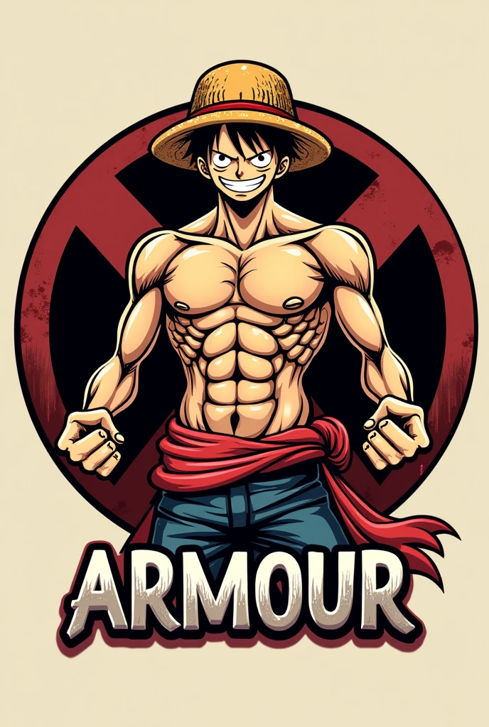 Create a logo of monkey d luffy from one piece gear 5 and background make a circle and write ARMOUR