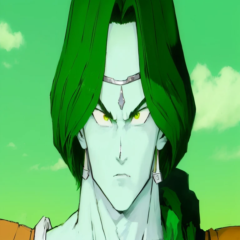 a man with green hair and a green shirt, broly, portrait of Hisoka hunter hunter, Hisoka, garotaosaiyajin, akiri toriyama, Leiji Matsumoto, portrait knights of the zodiac boy, vinis, fubuki, Afonsa Village, dragon ball character, serene expression, Urusei Yatsura