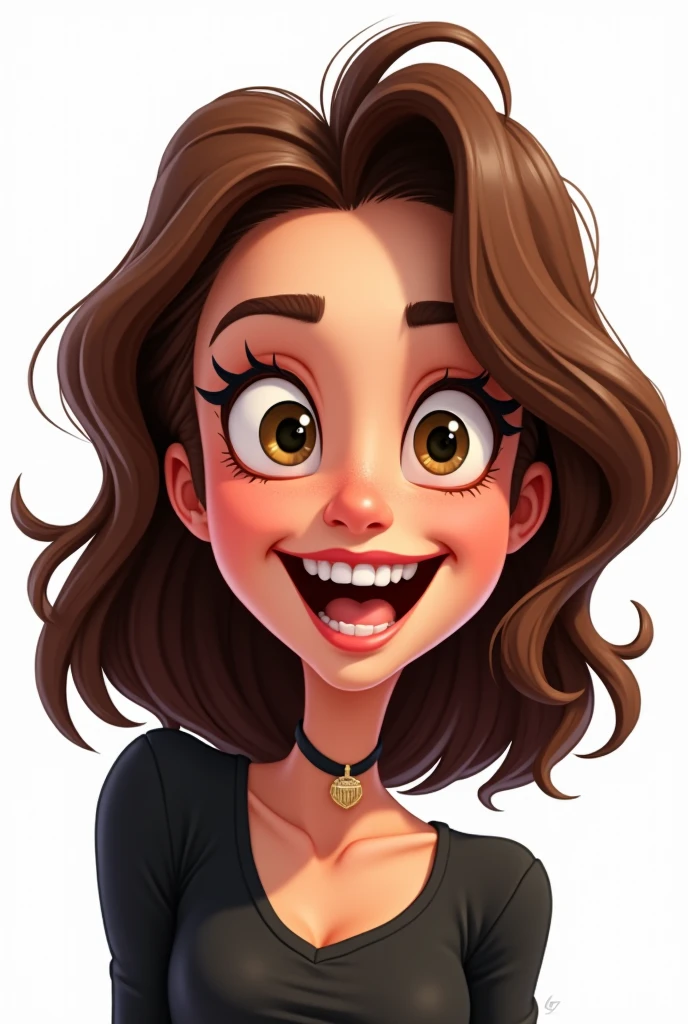 animated front woman with brown hair and small eyes wide brown hair with white background passport photo style