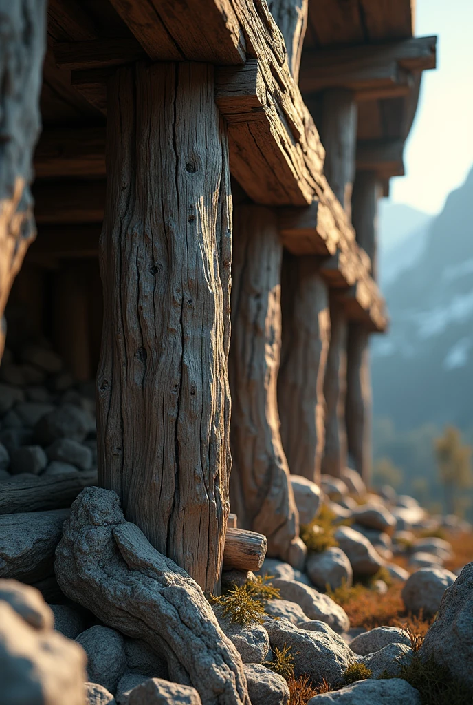 Close-up of the found structure with visible details of ancient wood and ancient construction techniques, in a mountainous environment with natural light highlighting the details of the structure."